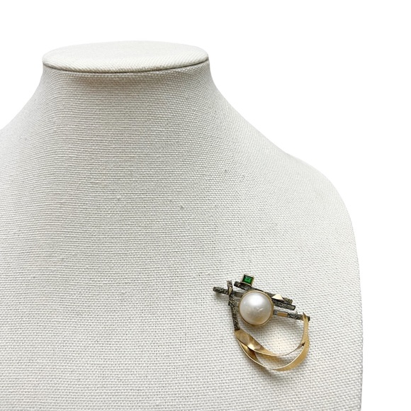 Vintage Carolyn Thomas 14K Gold Sterling Brass Mabe Pearl Emerald Brooch Pin - Picture 2 of 15